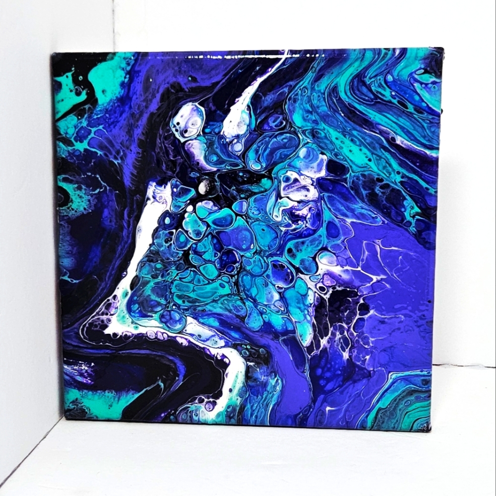 8x8 Abstract Blue and Purple Canvas Acrylic Paint Pour Art Painting